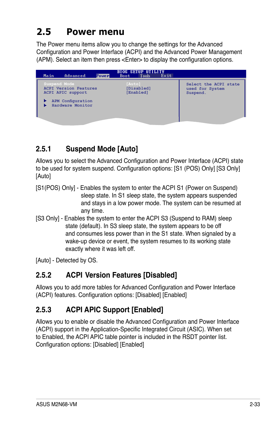 5 power menu, 1 suspend mode, 2 acpi version features | 3 acpi apic support, 1 suspend mode [auto, 2 acpi, Version features [disabled, 3 acpi apic support [enabled | Asus M2N68-VM User Manual | Page 77 / 94
