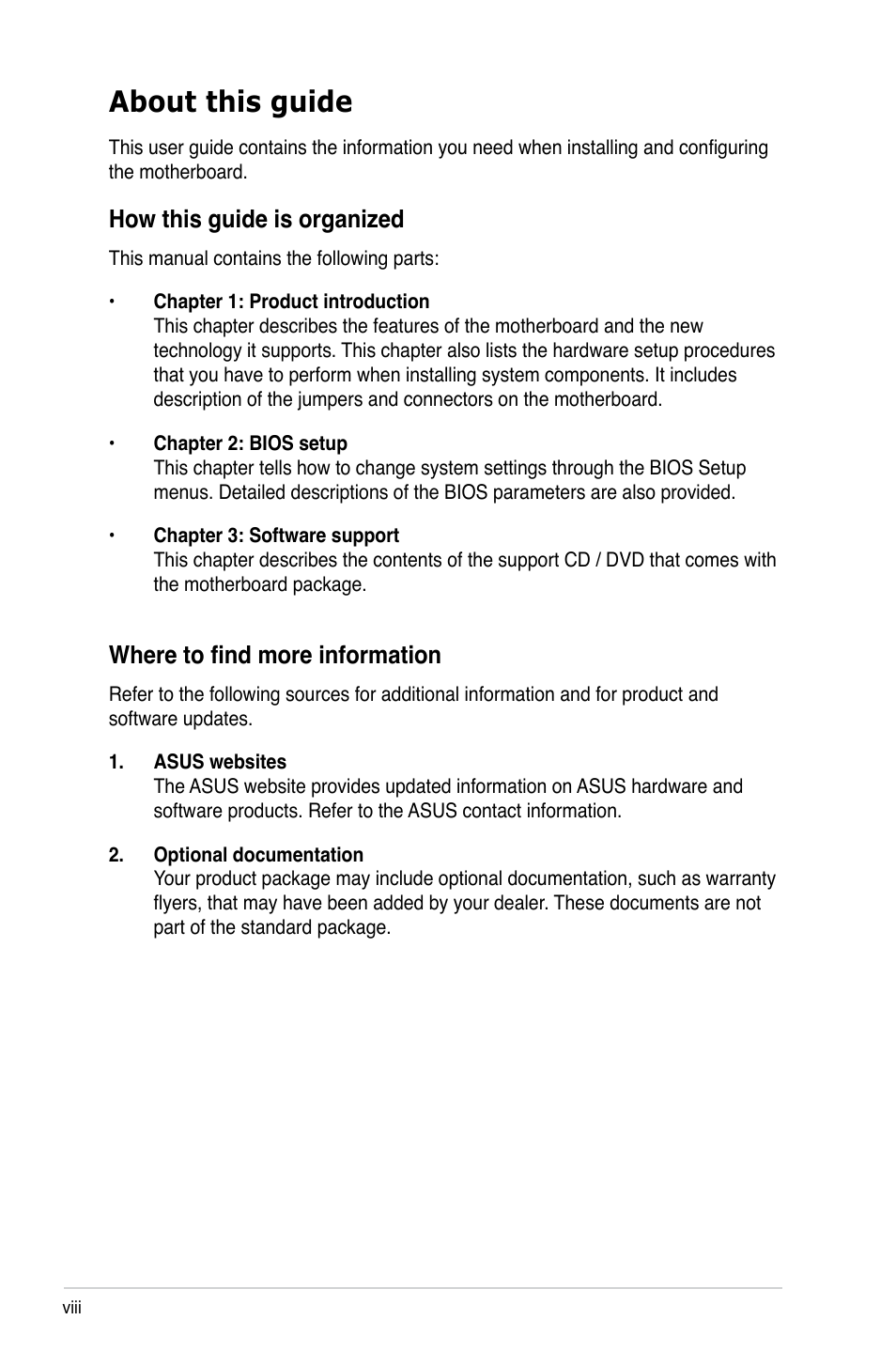 About this guide, How this guide is organized, Where to find more information | Asus M2N68-VM User Manual | Page 8 / 94