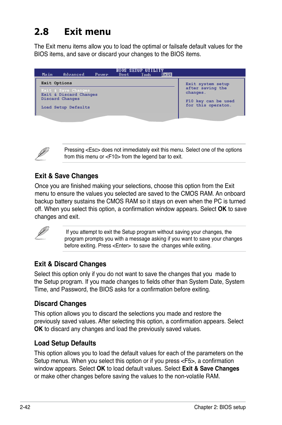 8 exit menu, Exit & discard changes, Discard changes | Load setup defaults, Exit & save changes | Asus M2N68-VM User Manual | Page 86 / 94