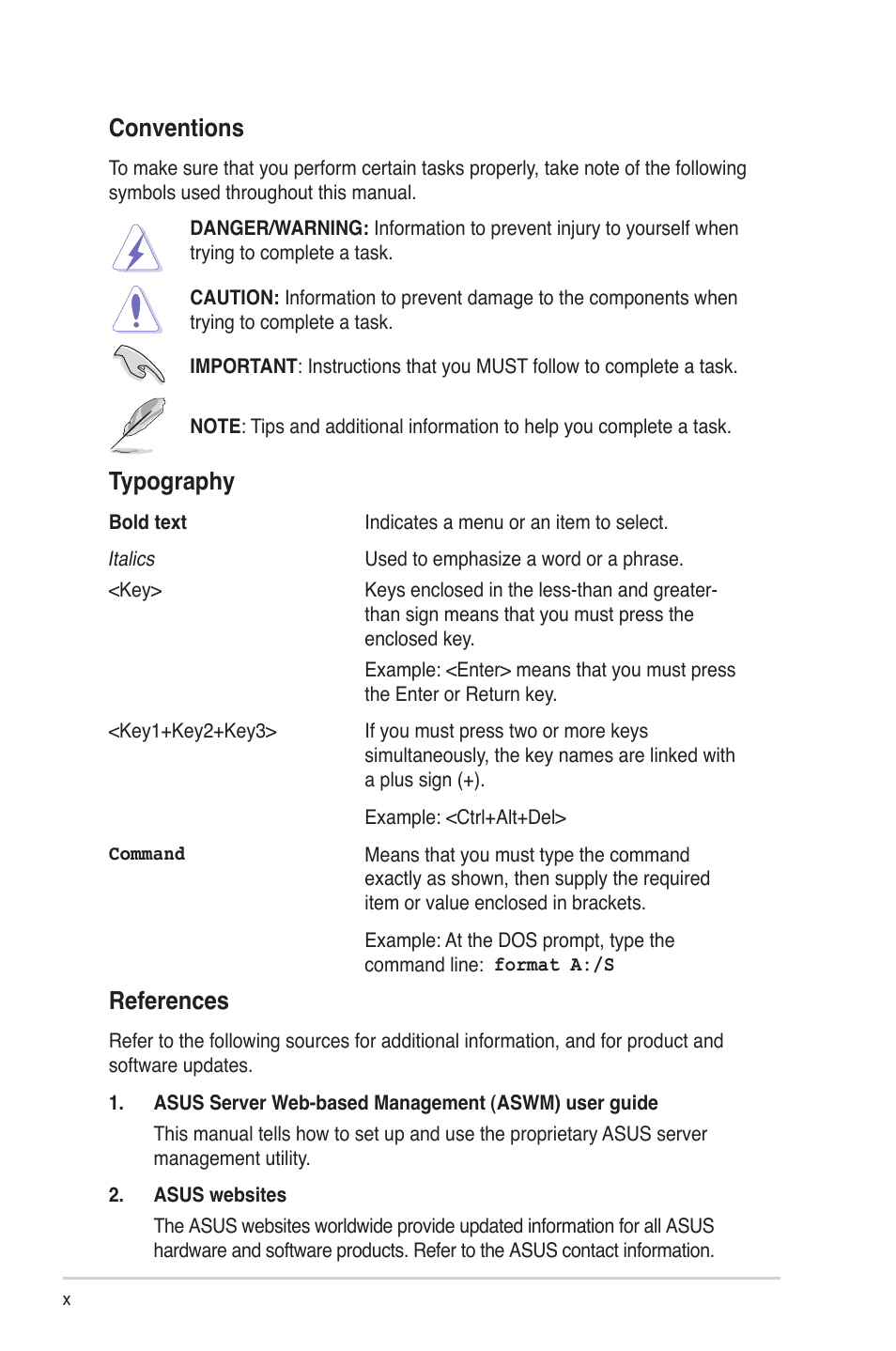 References, Conventions, Typography | Asus RS704DA-E6/PS4 User Manual | Page 10 / 152
