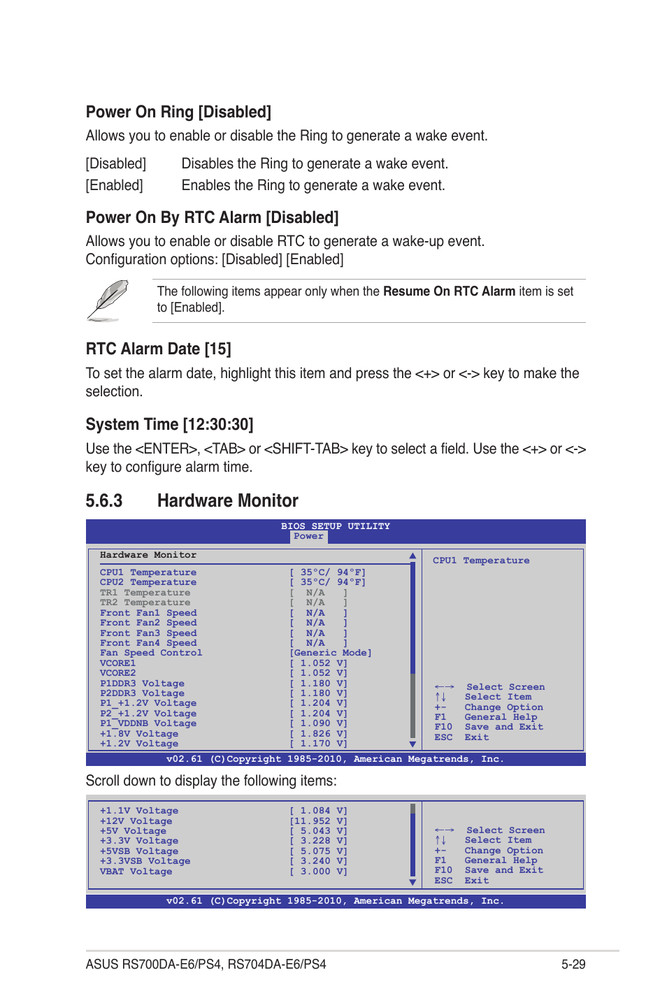 3 hardware monitor, Hardware monitor -29, Power on ring [disabled | Power on by rtc alarm [disabled, Rtc alarm date [15, Scroll down to display the following items | Asus RS704DA-E6/PS4 User Manual | Page 101 / 152