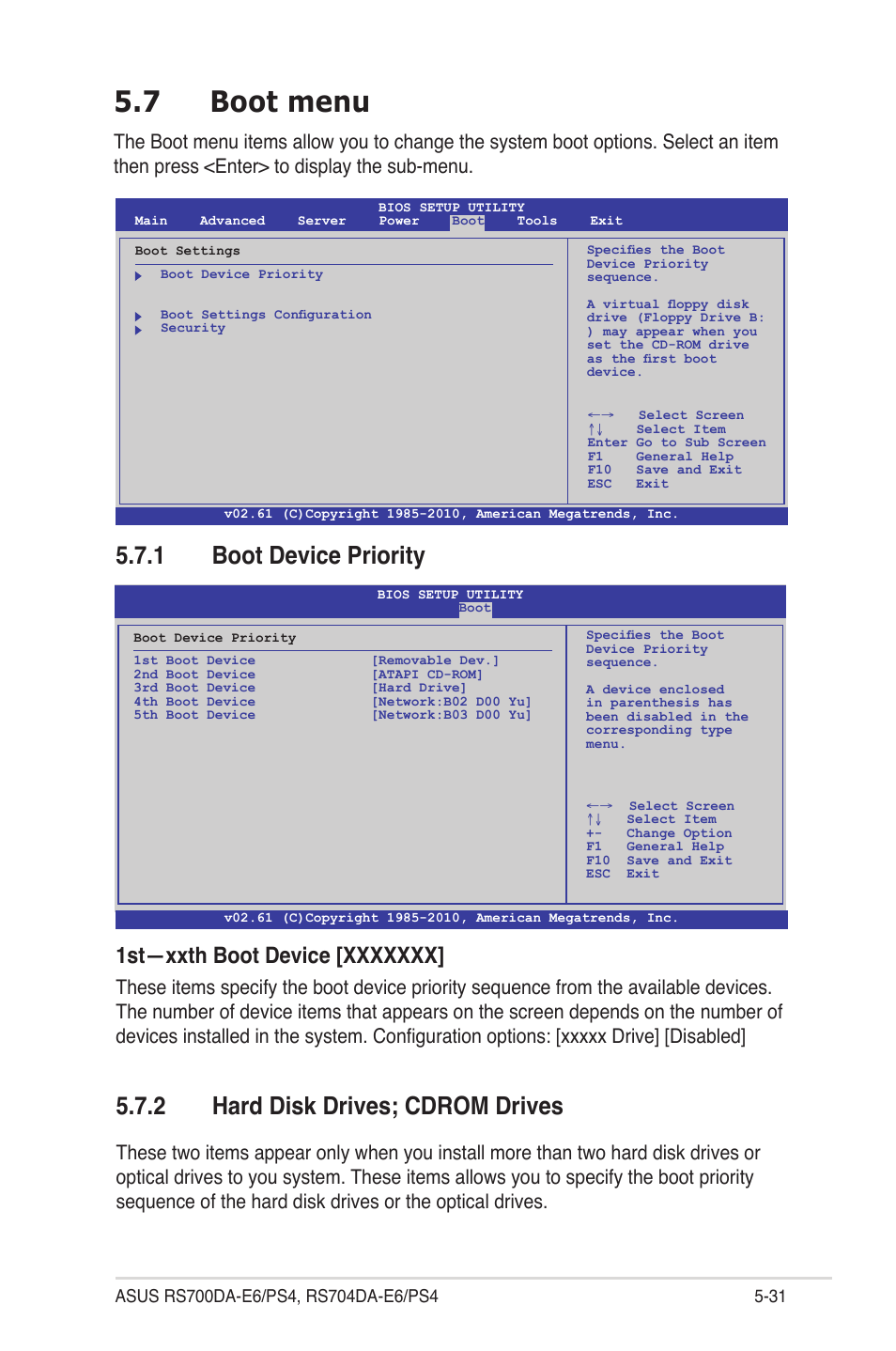 7 boot menu, 1 boot device priority, 2 hard disk drives; cdrom drives | Boot menu -31 5.7.1, Boot device priority -31, Hard disk drives; cdrom drives -31 | Asus RS704DA-E6/PS4 User Manual | Page 103 / 152