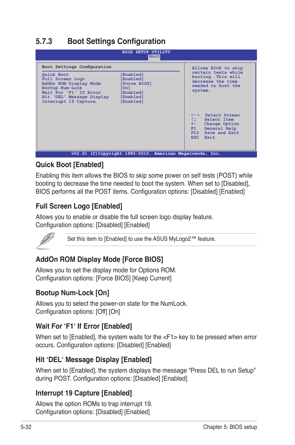 3 boot settings configuration, Boot settings configuration -32, Quick boot [enabled | Full screen logo [enabled, Addon rom display mode [force bios, Bootup num-lock [on, Wait for ‘f1‘ if error [enabled, Hit ‘del‘ message display [enabled, Interrupt 19 capture [enabled | Asus RS704DA-E6/PS4 User Manual | Page 104 / 152