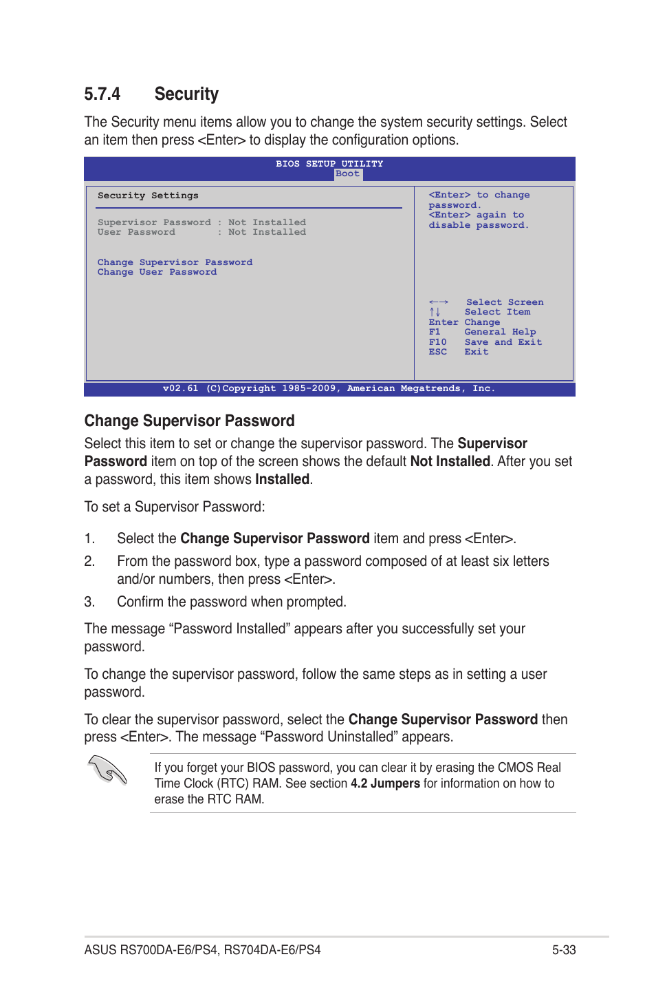4 security, Security -33, Change supervisor password | Asus RS704DA-E6/PS4 User Manual | Page 105 / 152
