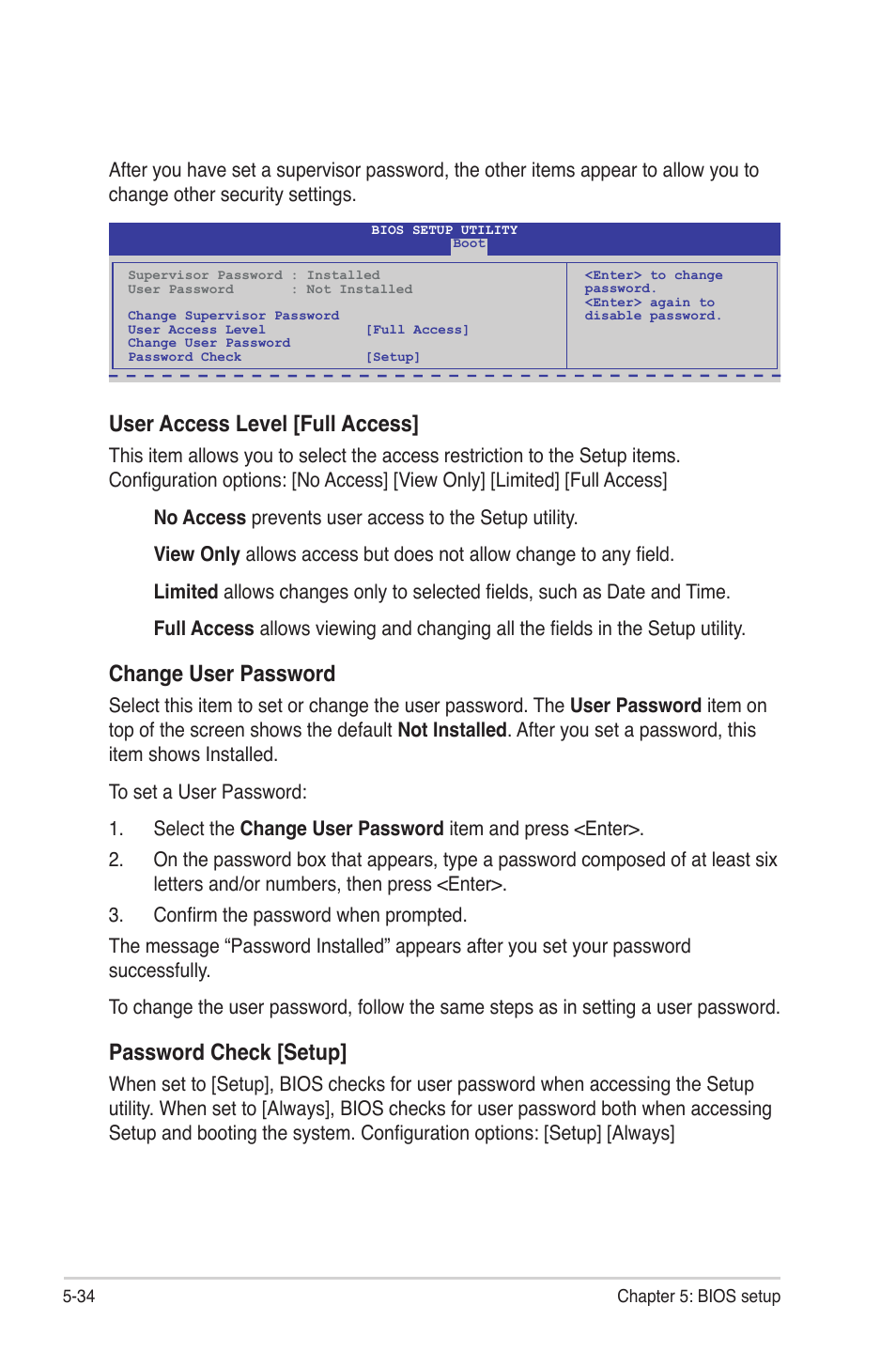 User access level [full access, Change user password, Password check [setup | Asus RS704DA-E6/PS4 User Manual | Page 106 / 152