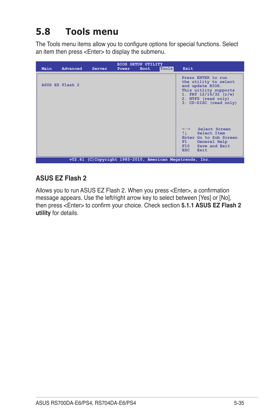 8 tools menu, Tools menu -35, Asus ez flash 2 | Asus RS704DA-E6/PS4 User Manual | Page 107 / 152