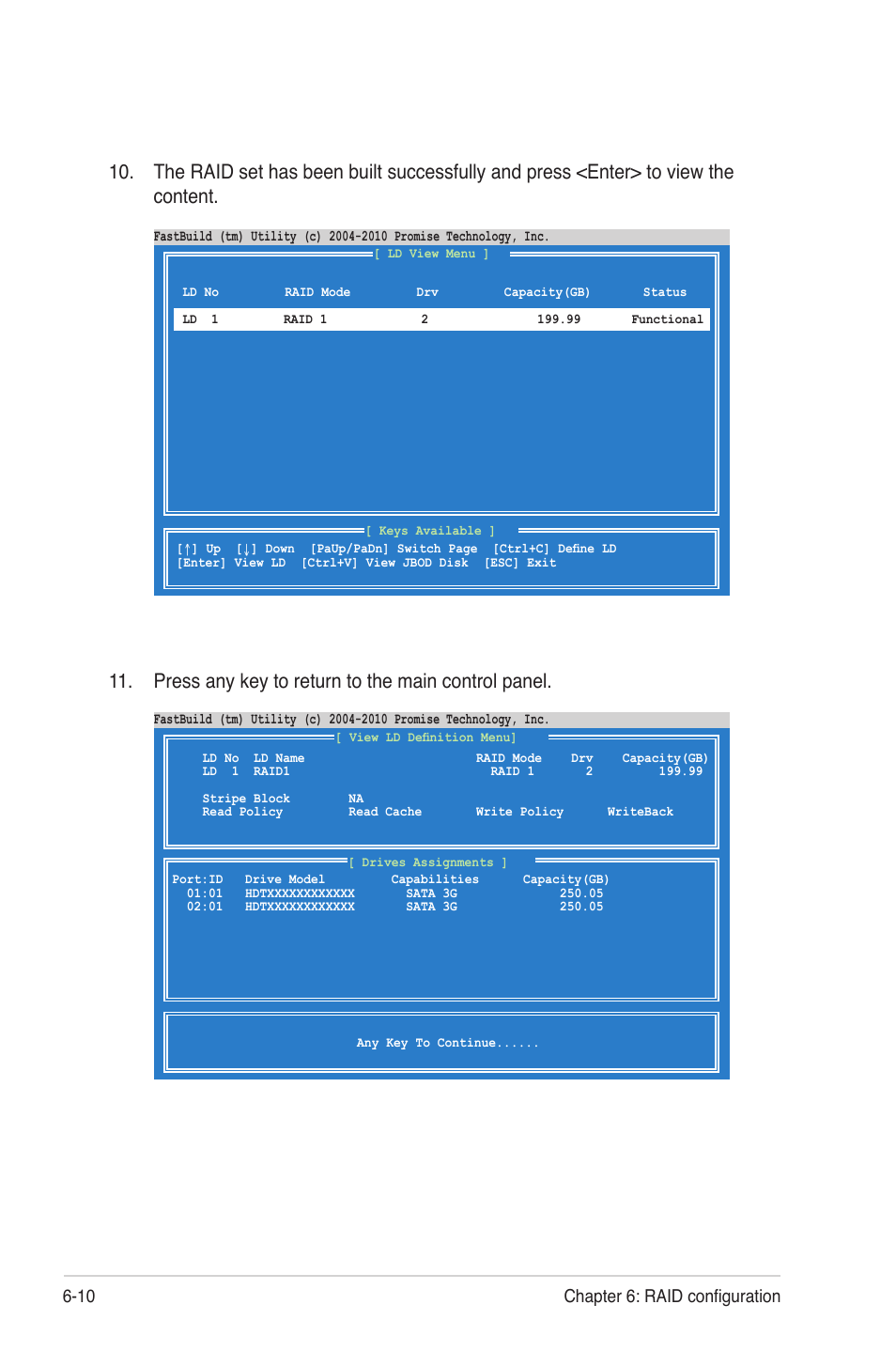 Press any key to return to the main control panel, 10 chapter 6: raid configuration | Asus RS704DA-E6/PS4 User Manual | Page 118 / 152