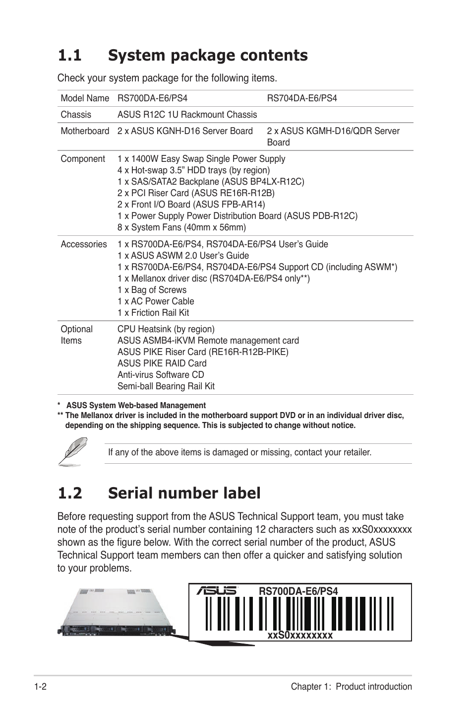 1 system package contents, 2 serial number label, System package contents -2 | Serial number label -2 | Asus RS704DA-E6/PS4 User Manual | Page 12 / 152