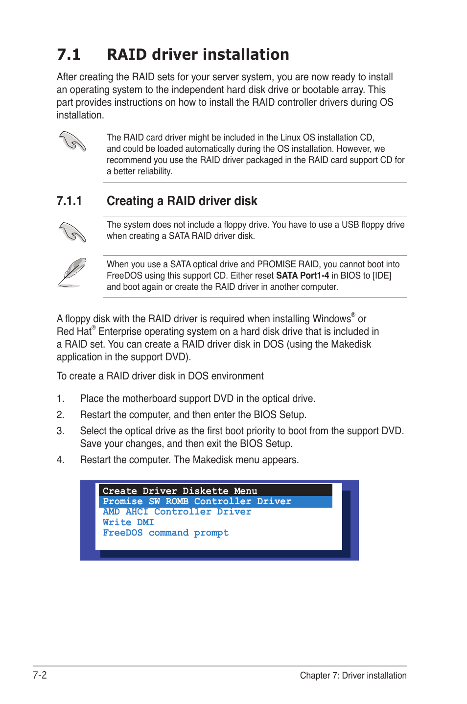 1 raid driver installation, 1 creating a raid driver disk, Raid driver installation -2 7.1.1 | Creating a raid driver disk -2 | Asus RS704DA-E6/PS4 User Manual | Page 124 / 152
