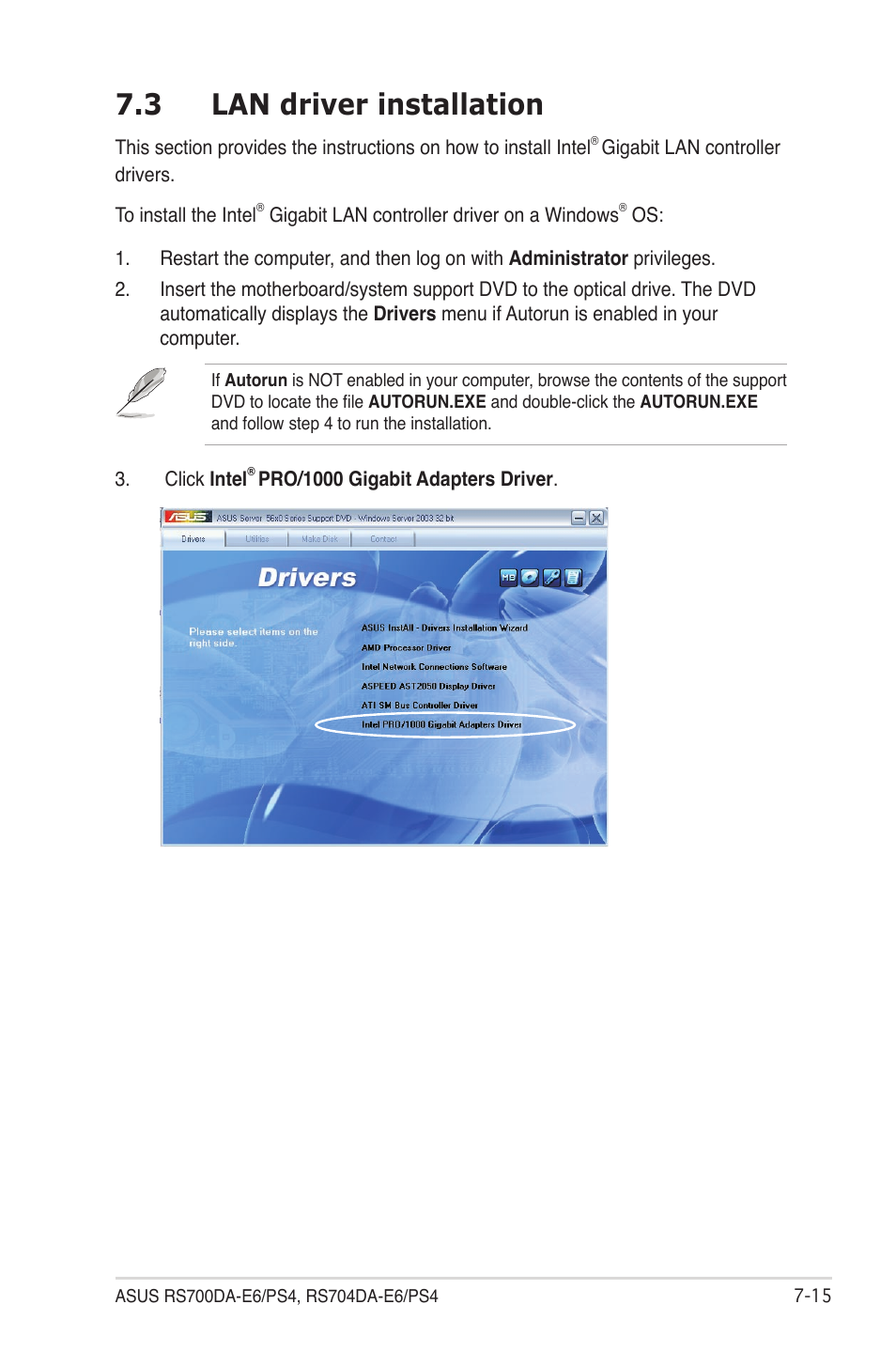 3 lan driver installation, Lan driver installation -15 | Asus RS704DA-E6/PS4 User Manual | Page 137 / 152