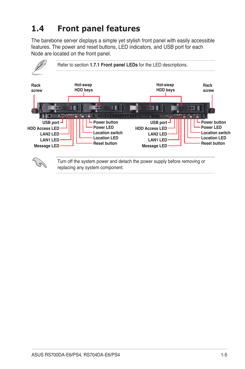 4 front panel features, Front panel features -5 | Asus RS704DA-E6/PS4 User Manual | Page 15 / 152