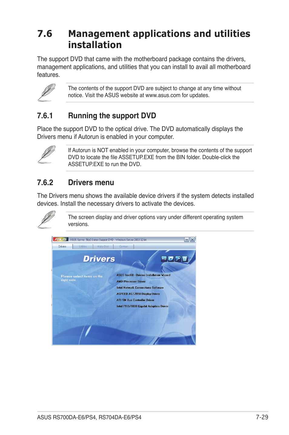 1 running the support dvd, 2 drivers menu, Running the support dvd -29 | Drivers menu -29 | Asus RS704DA-E6/PS4 User Manual | Page 151 / 152