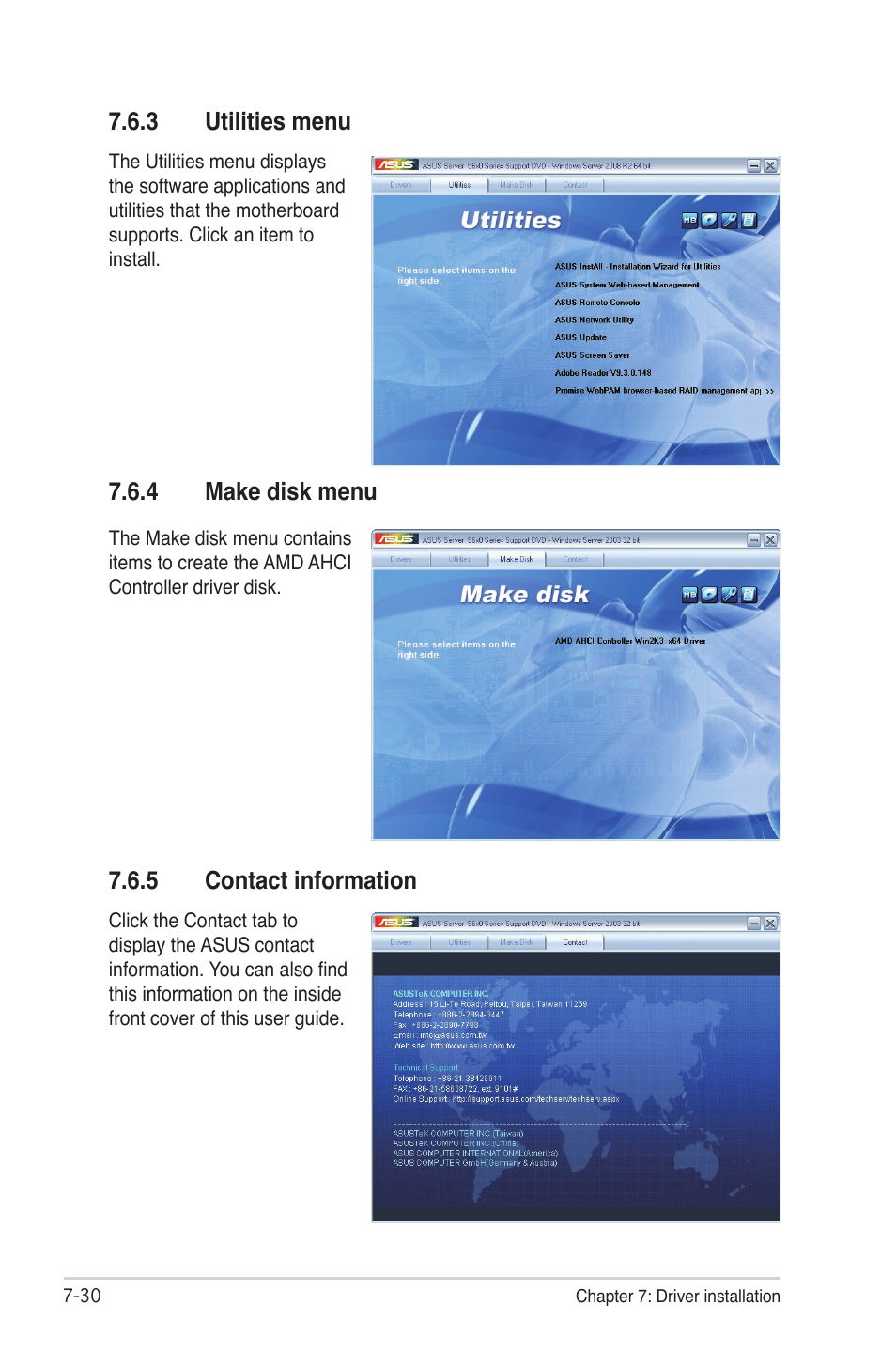 3 utilities menu, 4 make disk menu, 5 contact information | Utilities menu -30, Make disk menu -30, Contact information -30 | Asus RS704DA-E6/PS4 User Manual | Page 152 / 152