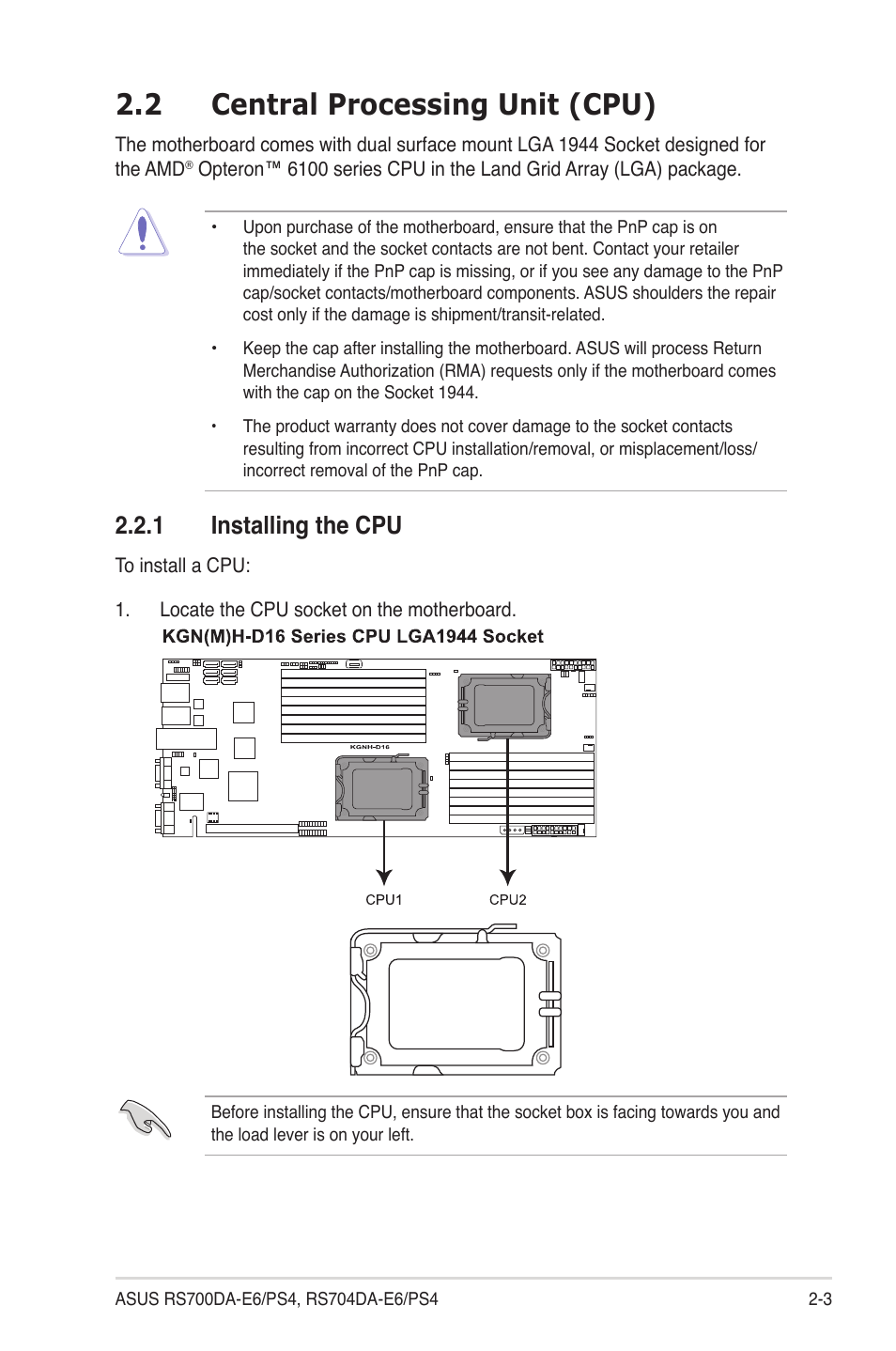 2 central processing unit (cpu), 1 installing the cpu, Central processing unit (cpu) -3 2.2.1 | Installing the cpu -3 | Asus RS704DA-E6/PS4 User Manual | Page 23 / 152