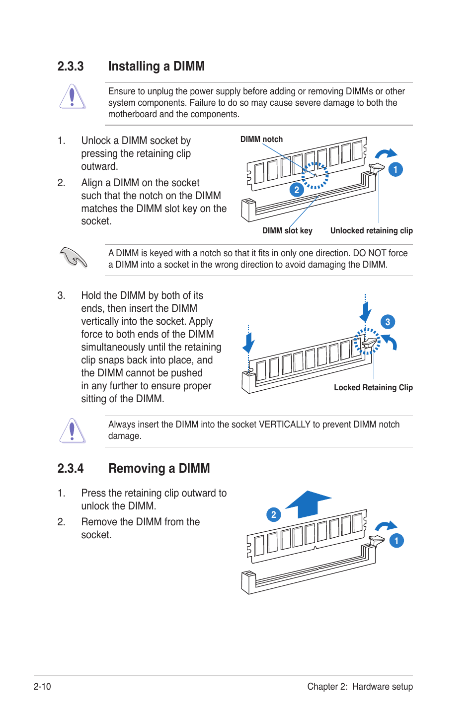 3 installing a dimm, 4 removing a dimm, Installing a dimm -10 | Removing a dimm -10 | Asus RS704DA-E6/PS4 User Manual | Page 30 / 152