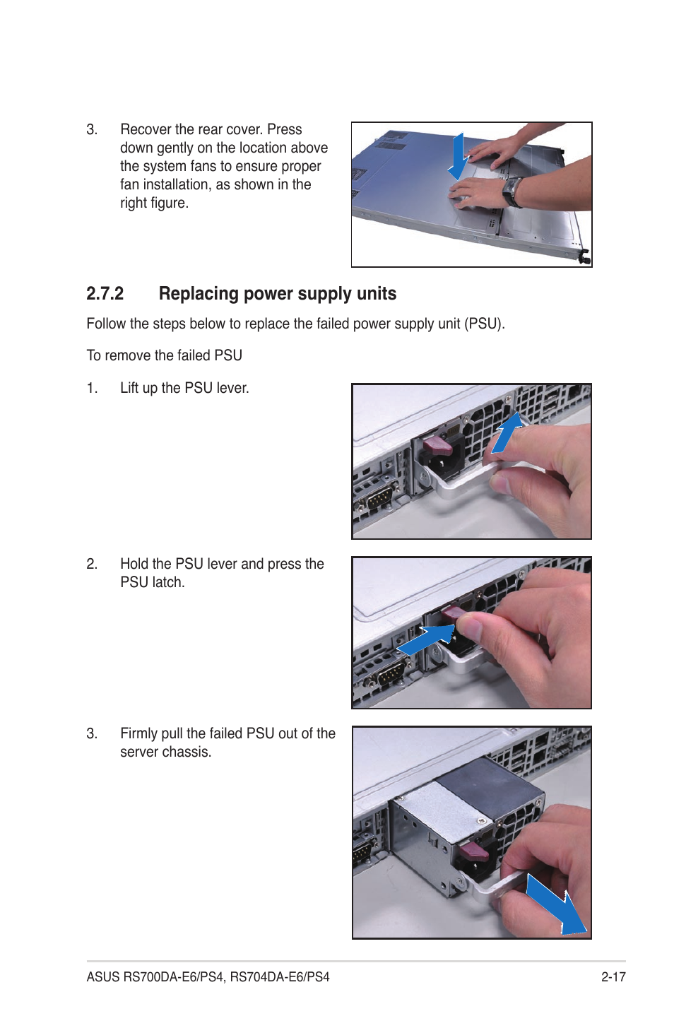 2 replacing power supply units, Replacing power supply units -17 | Asus RS704DA-E6/PS4 User Manual | Page 37 / 152