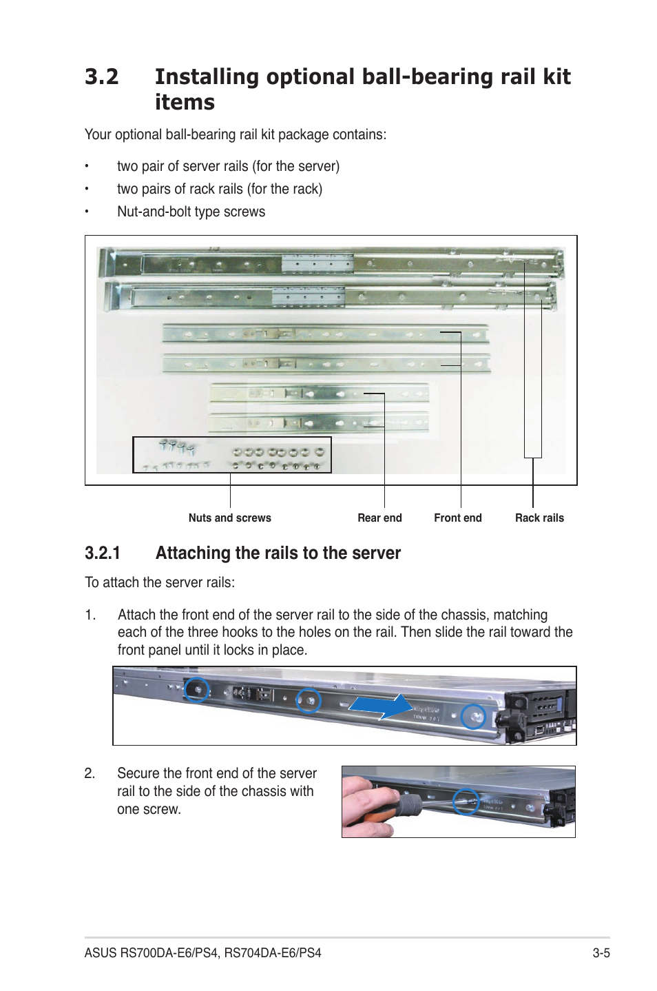 2 installing optional ball-bearing rail kit items, 1 attaching the rails to the server, Attaching the rails to the server -5 | Asus RS704DA-E6/PS4 User Manual | Page 47 / 152
