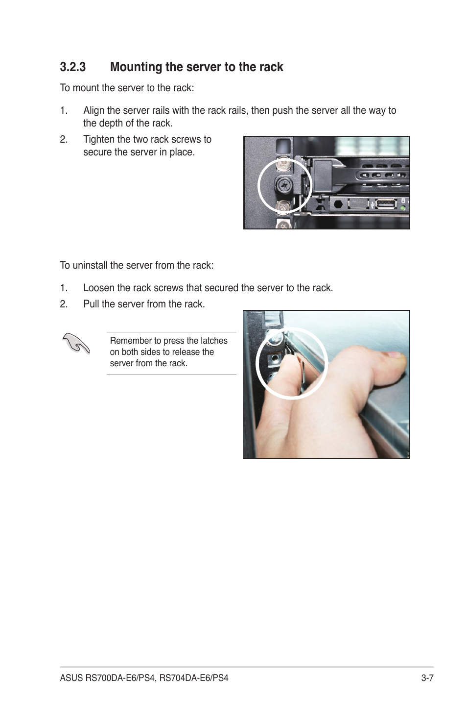 3 mounting the server to the rack, Mounting the server to the rack -7 | Asus RS704DA-E6/PS4 User Manual | Page 49 / 152