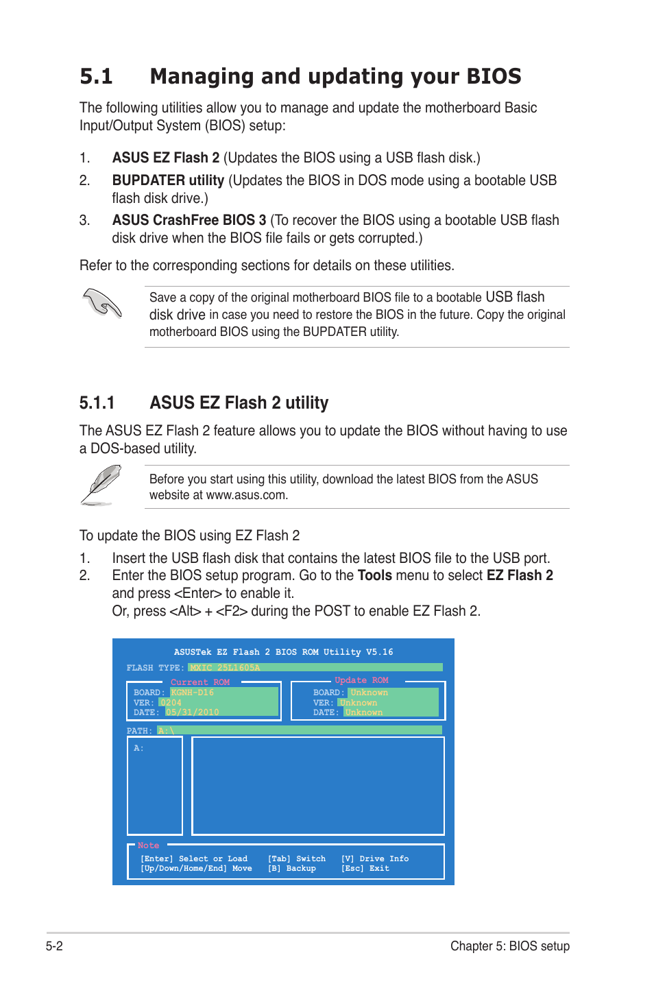 1 managing and updating your bios, 1 asus ez flash 2 utility, Managing and updating your bios -2 5.1.1 | Asus ez flash 2 utility -2, Usb flash disk drive | Asus RS704DA-E6/PS4 User Manual | Page 74 / 152