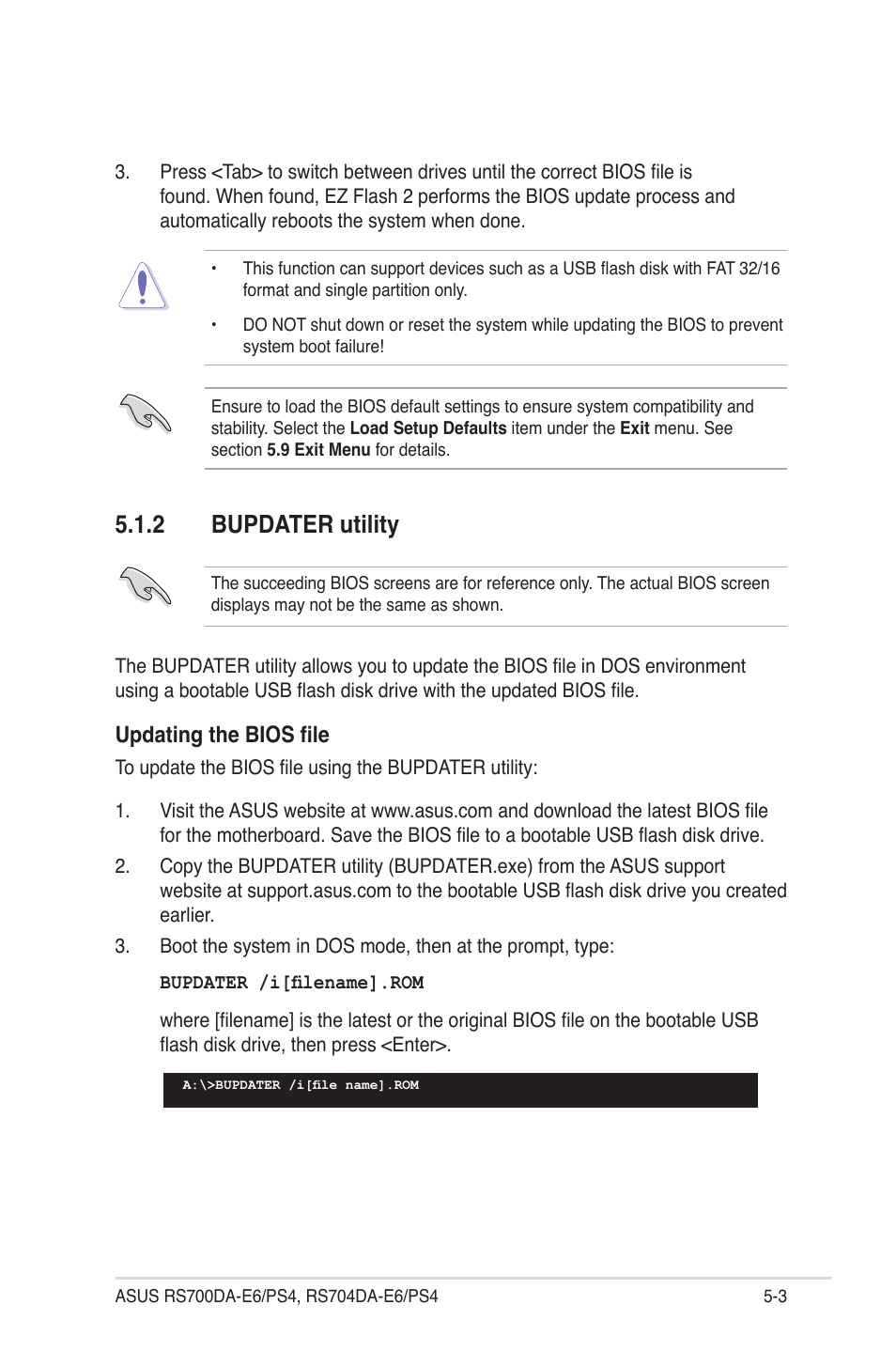 2 bupdater utility, Bupdater utility -3, Updating the bios file | Asus RS704DA-E6/PS4 User Manual | Page 75 / 152