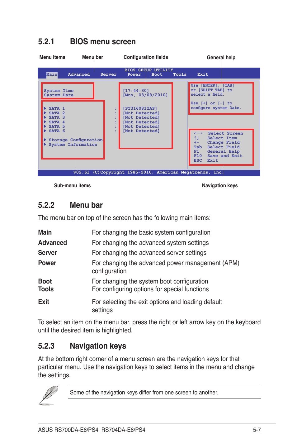 1 bios menu screen, 2 menu bar, 3 navigation keys | Bios menu screen -7, Menu bar -7, Navigation keys -7 | Asus RS704DA-E6/PS4 User Manual | Page 79 / 152