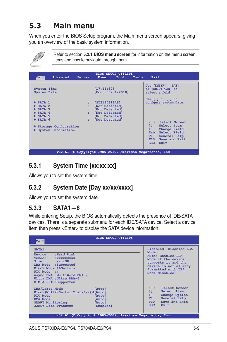 3 main menu, 1 system time [xx:xx:xx, 2 system date [day xx/xx/xxxx | 3 sata1—6, Main menu -9 5.3.1, System time -9, System date -9, Sata1—6 -9, Allows you to set the system time, Allows you to set the system date | Asus RS704DA-E6/PS4 User Manual | Page 81 / 152
