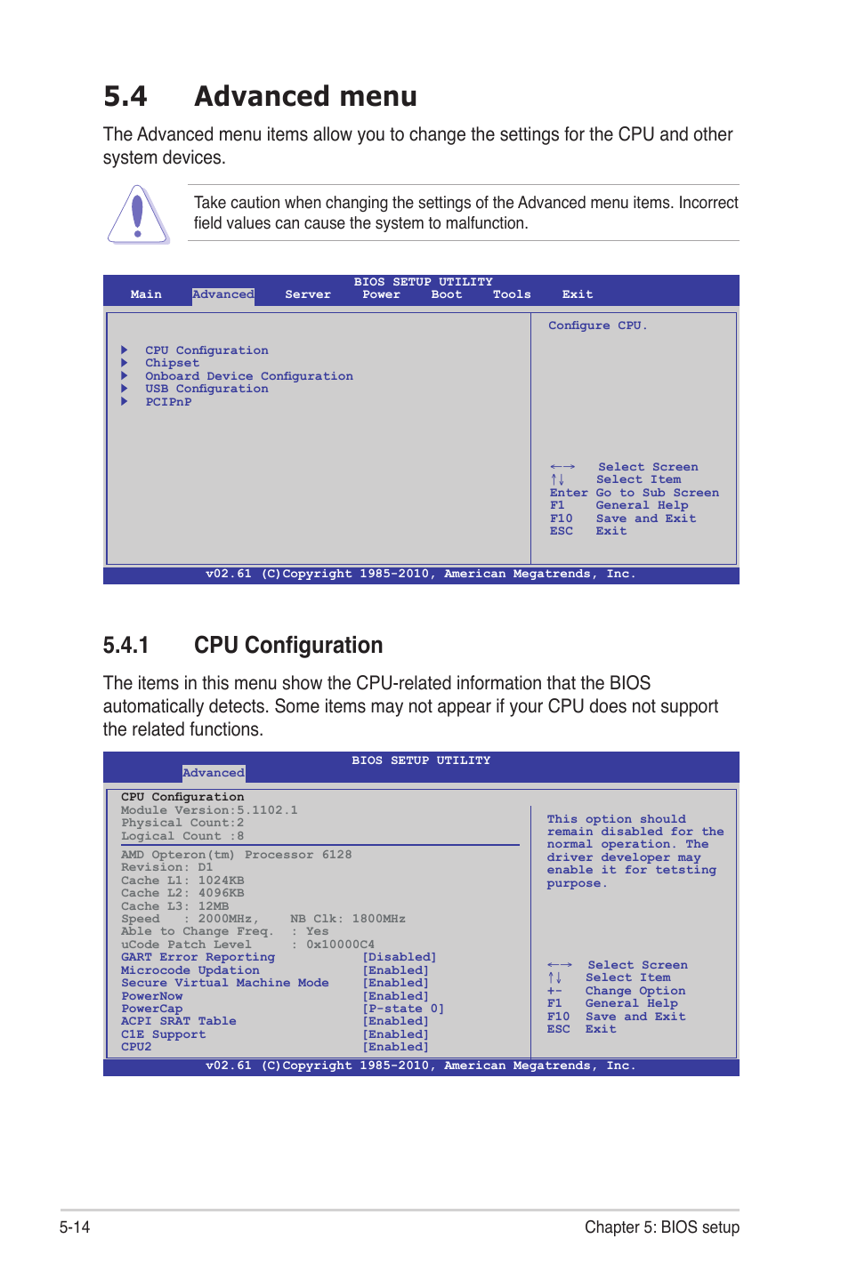 4 advanced menu, 1 cpu configuration, Advanced menu -14 5.4.1 | Cpu configuration -14, 14 chapter 5: bios setup | Asus RS704DA-E6/PS4 User Manual | Page 86 / 152