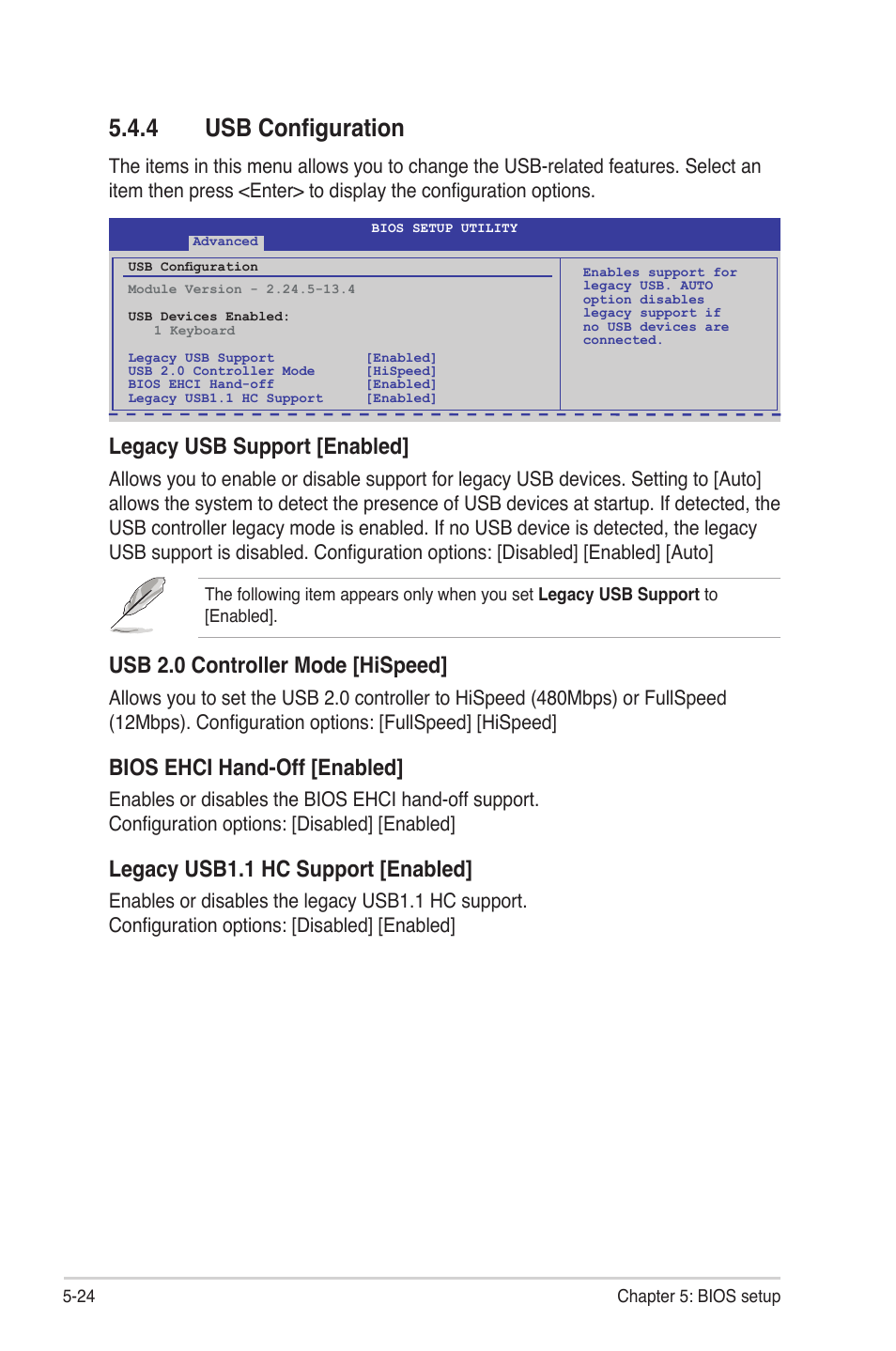 4 usb configuration, Usb configuration -24, Legacy usb support [enabled | Usb 2.0 controller mode [hispeed, Bios ehci hand-off [enabled, Legacy usb1.1 hc support [enabled | Asus RS704DA-E6/PS4 User Manual | Page 96 / 152