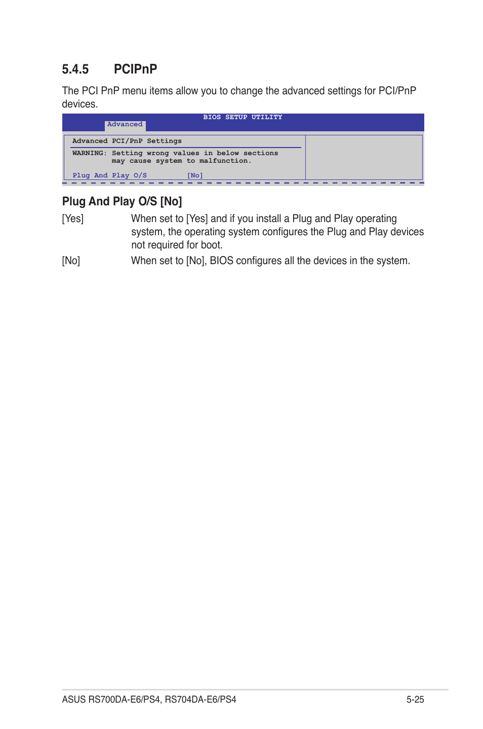 5 pcipnp, Pcipnp -25, Plug and play o/s [no | Asus RS704DA-E6/PS4 User Manual | Page 97 / 152