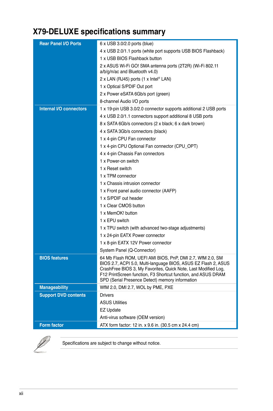 X79-deluxe specifications summary | Asus X79-DELUXE User Manual | Page 12 / 194