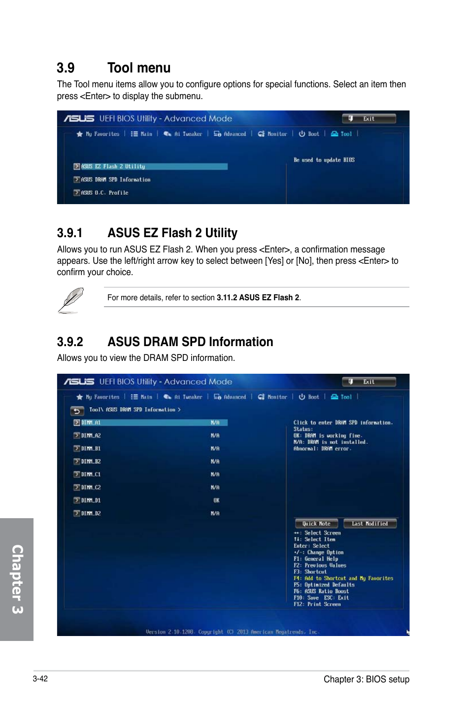 9 tool menu, 1 asus ez flash 2 utility, 2 asus dram spd information | Tool menu -42 3.9.1, Asus ez flash 2 utility -42, Asus dram spd information -42, Chapter 3 3.9 tool menu | Asus X79-DELUXE User Manual | Page 120 / 194