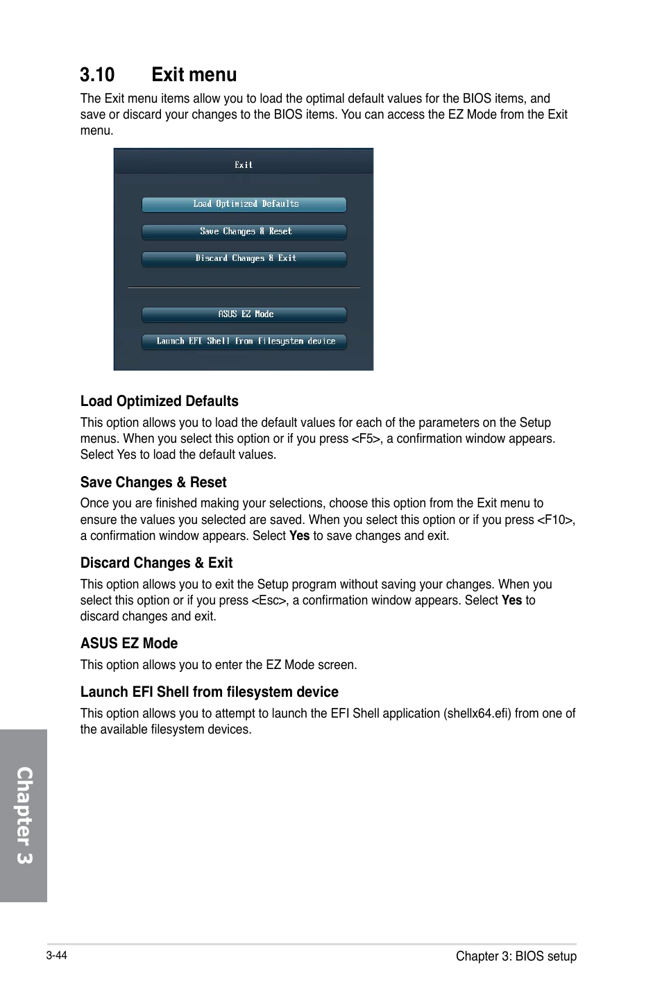 10 exit menu, Exit menu -44, Chapter 3 3.10 exit menu | Asus X79-DELUXE User Manual | Page 122 / 194