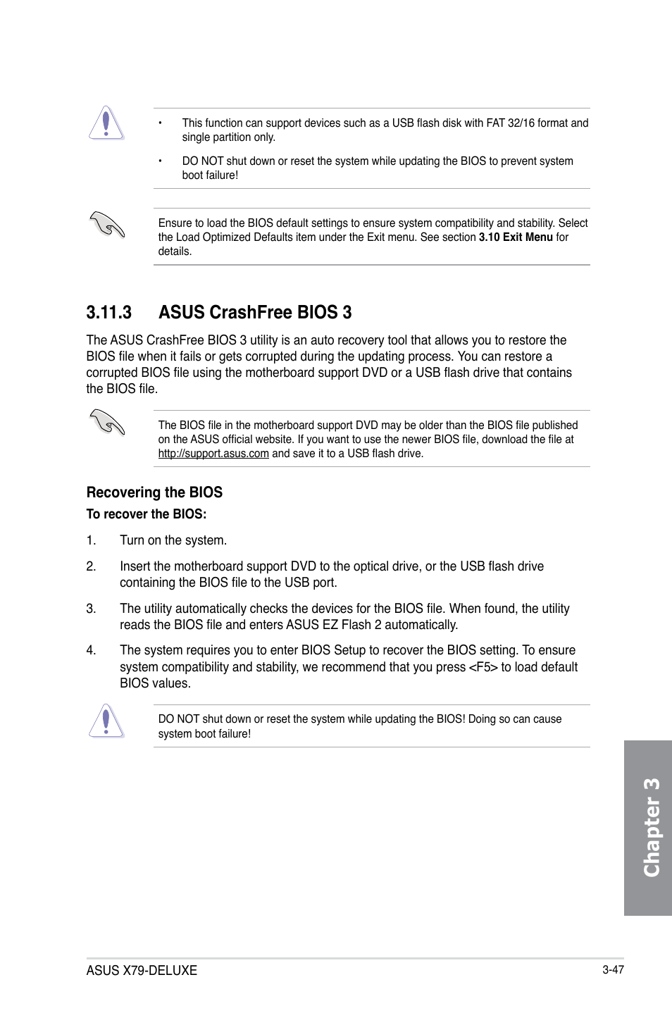 Chapter 3, 3 asus crashfree bios 3 | Asus X79-DELUXE User Manual | Page 125 / 194