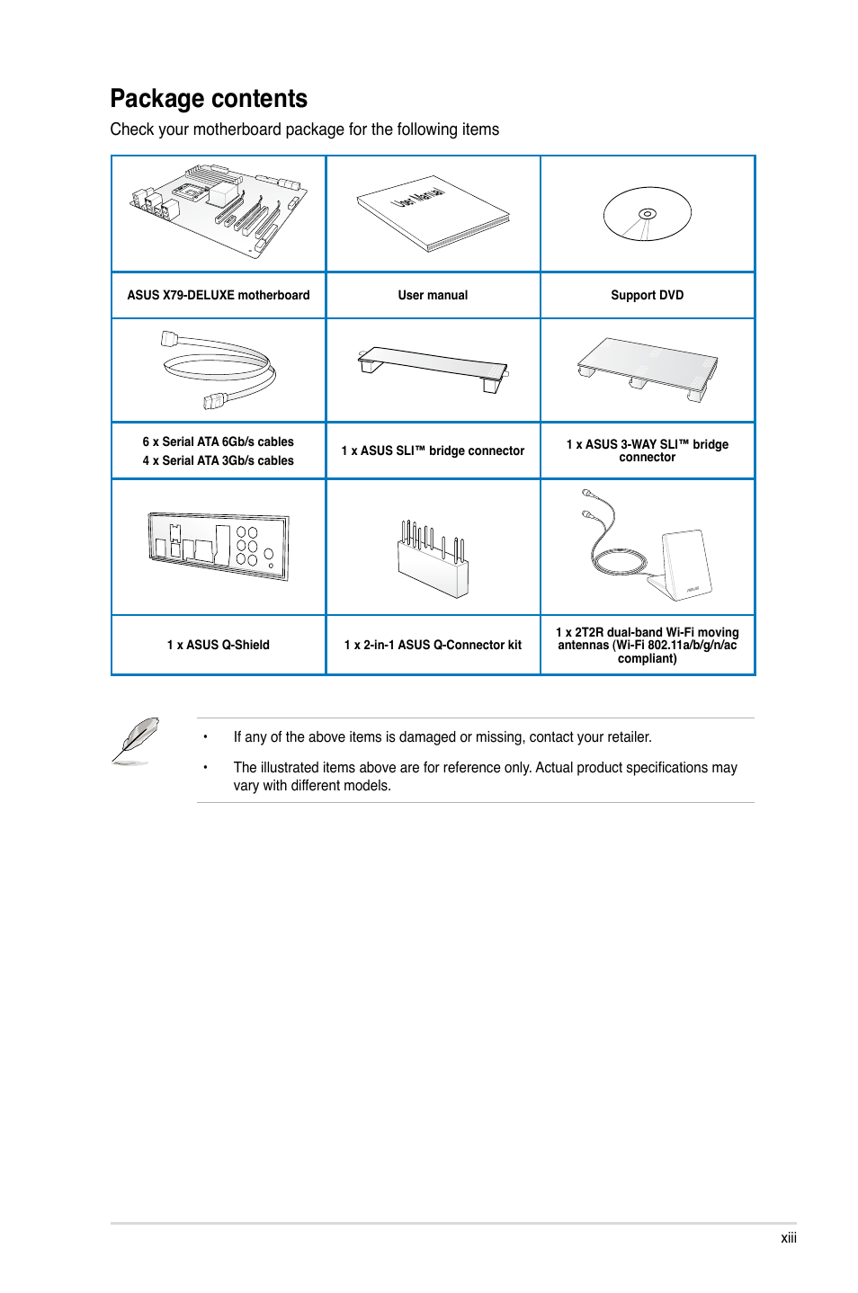 Package contents | Asus X79-DELUXE User Manual | Page 13 / 194