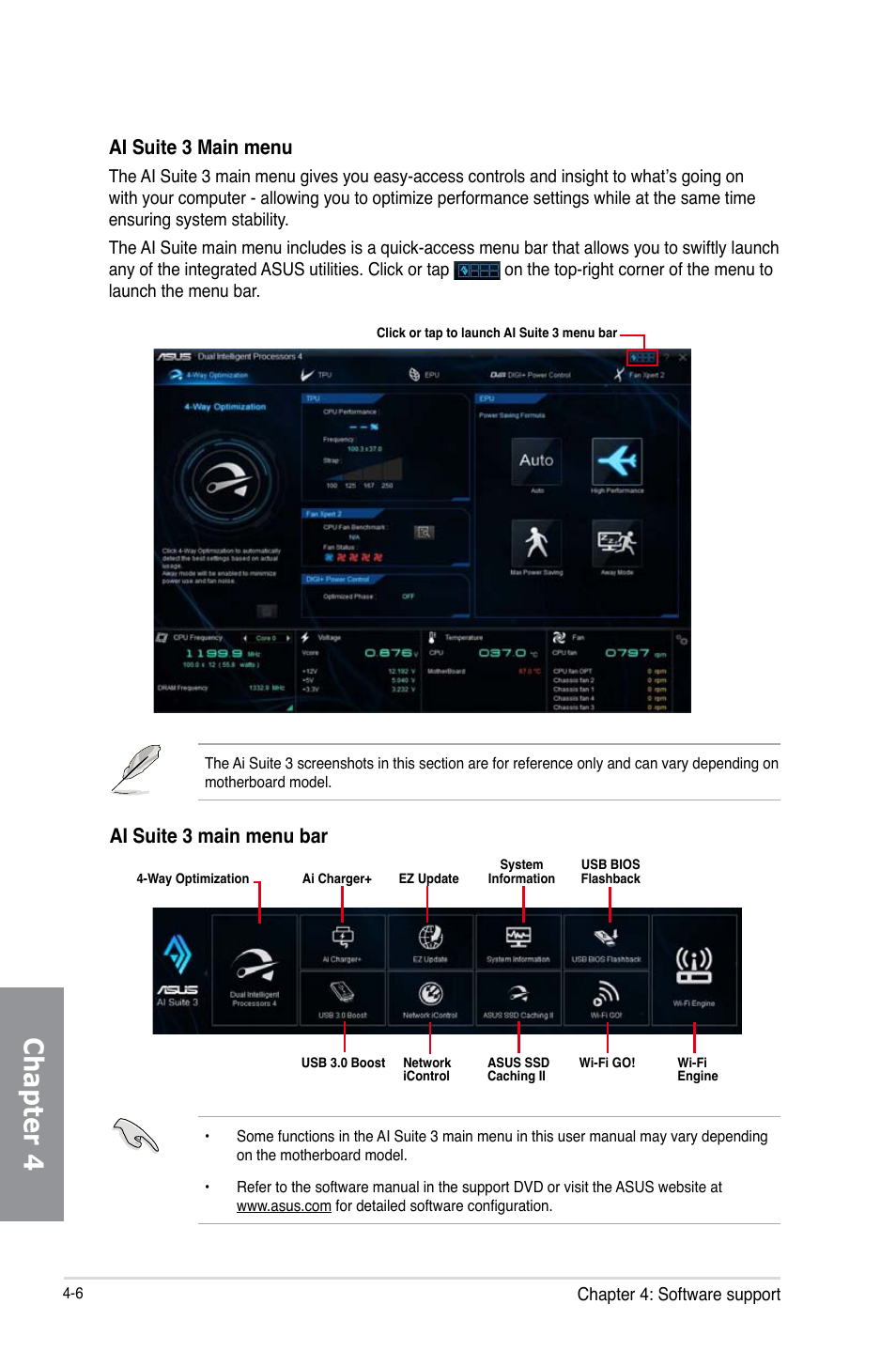 Chapter 4, Ai suite 3 main menu bar, Ai suite 3 main menu | Asus X79-DELUXE User Manual | Page 134 / 194