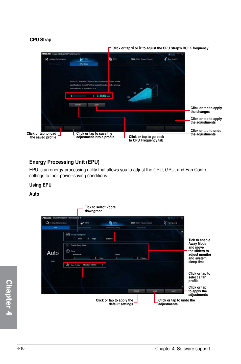 Chapter 4, Energy processing unit (epu), Chapter 4: software support | Cpu strap | Asus X79-DELUXE User Manual | Page 138 / 194