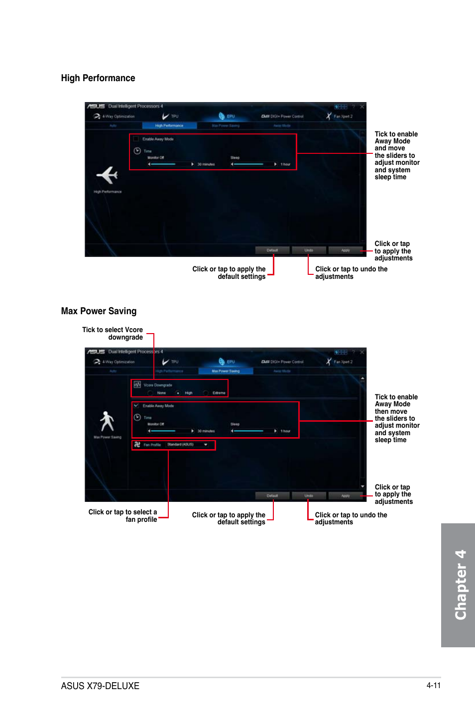 Chapter 4, Asus x79-deluxe, High performance | Max power saving | Asus X79-DELUXE User Manual | Page 139 / 194