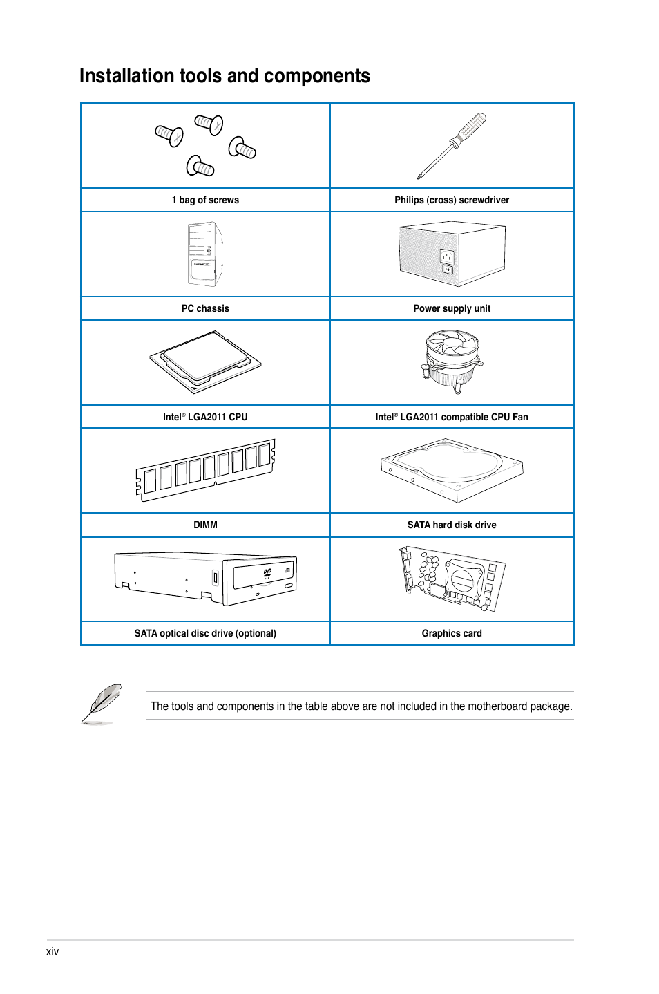 Installation tools and components | Asus X79-DELUXE User Manual | Page 14 / 194