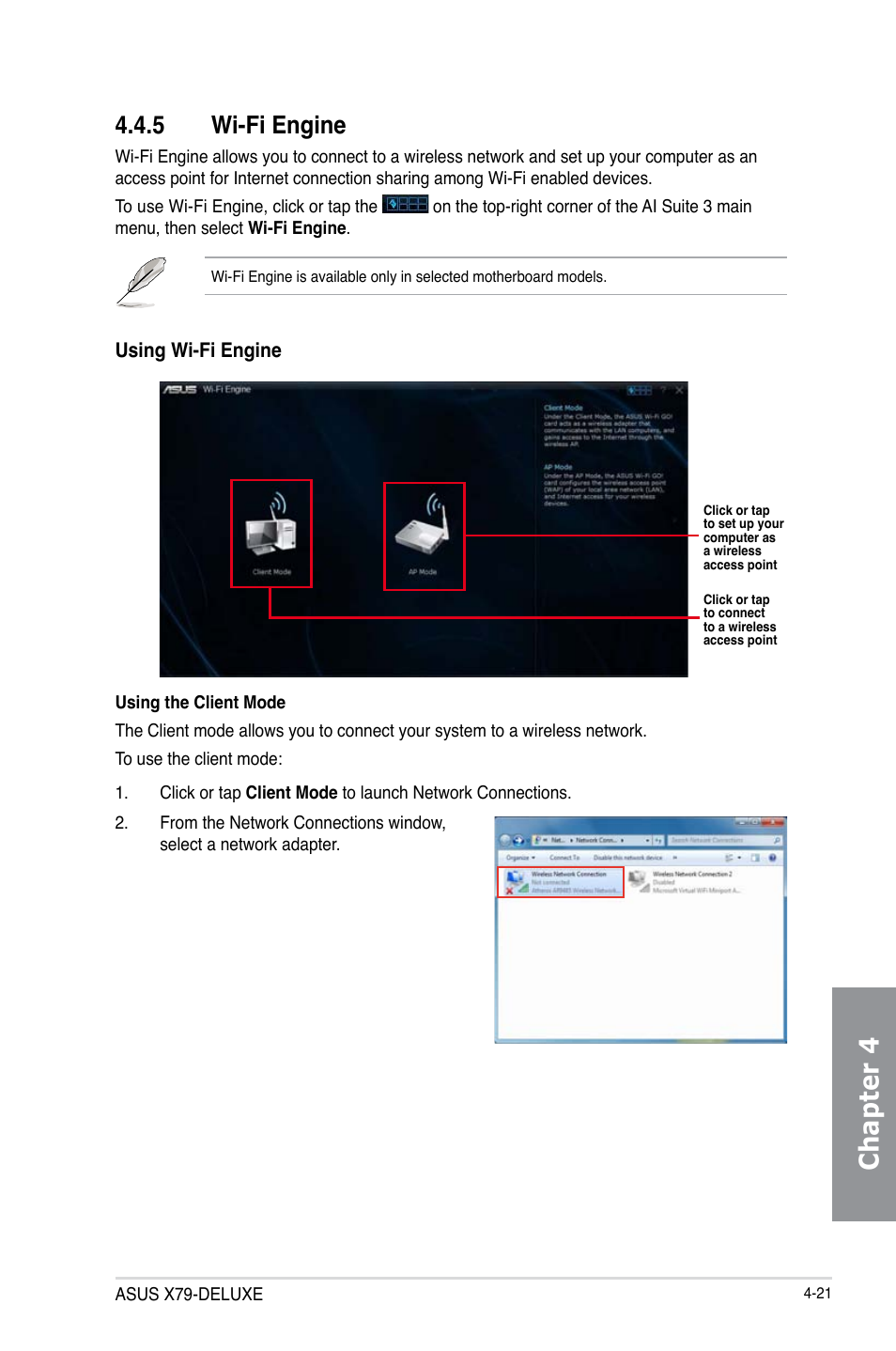 5 wi-fi engine, Wi-fi engine -21, Chapter 4 | Asus X79-DELUXE User Manual | Page 149 / 194