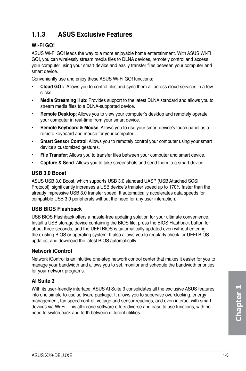 3 asus exclusive features, Asus exclusive features -3, Chapter 1 | Asus X79-DELUXE User Manual | Page 17 / 194