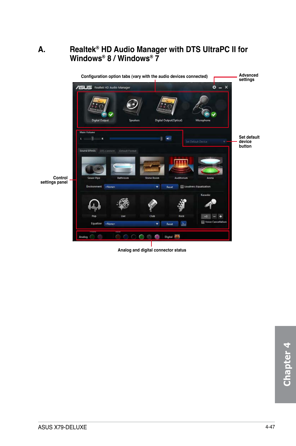 Chapter 4, A. realtek, Hd audio manager with dts ultrapc ii for windows | 8 / windows | Asus X79-DELUXE User Manual | Page 175 / 194