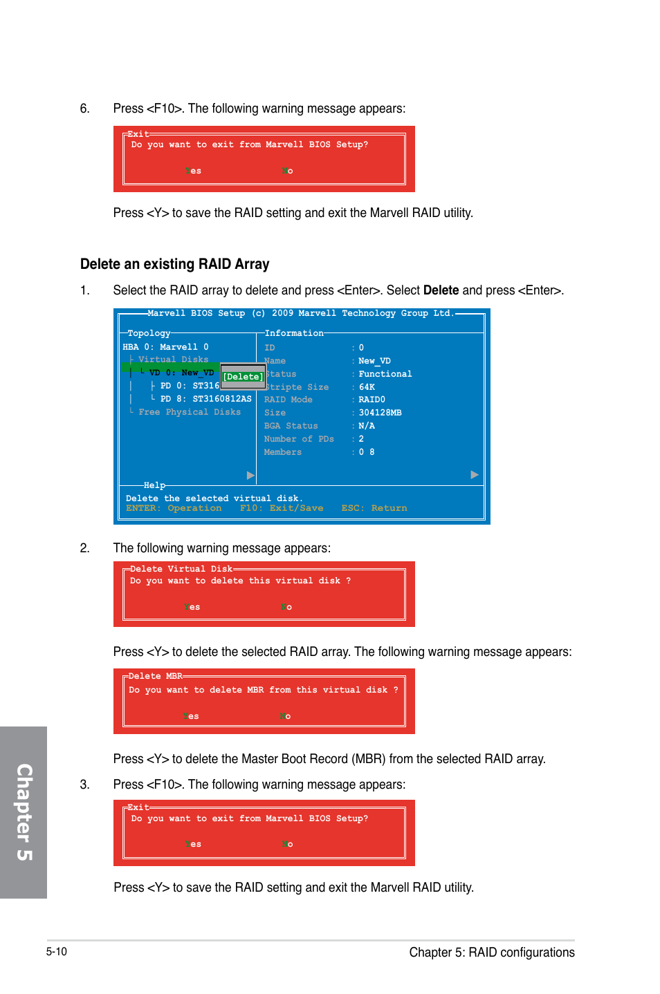 Chapter 5, Delete an existing raid array | Asus X79-DELUXE User Manual | Page 186 / 194