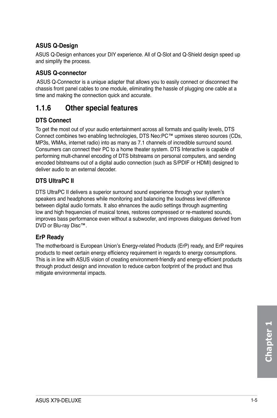 6 other special features, Other special features -5, Chapter 1 | Asus X79-DELUXE User Manual | Page 19 / 194