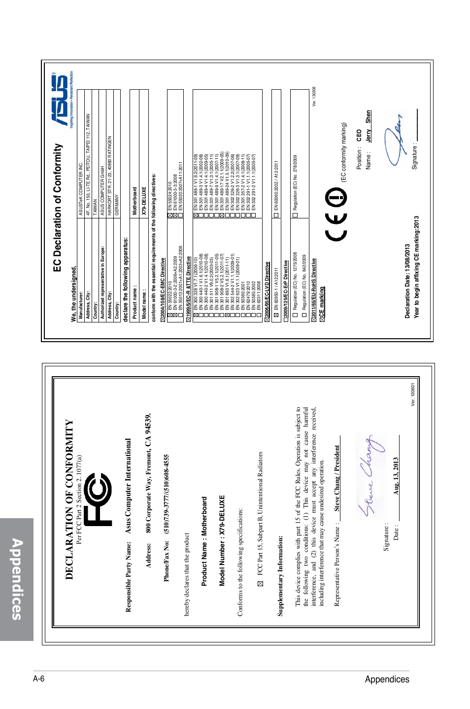 Ec declaration of conformity, Declaration of conformity, Appendices | As us c om pu te r i nt er na tio na l | Asus X79-DELUXE User Manual | Page 194 / 194