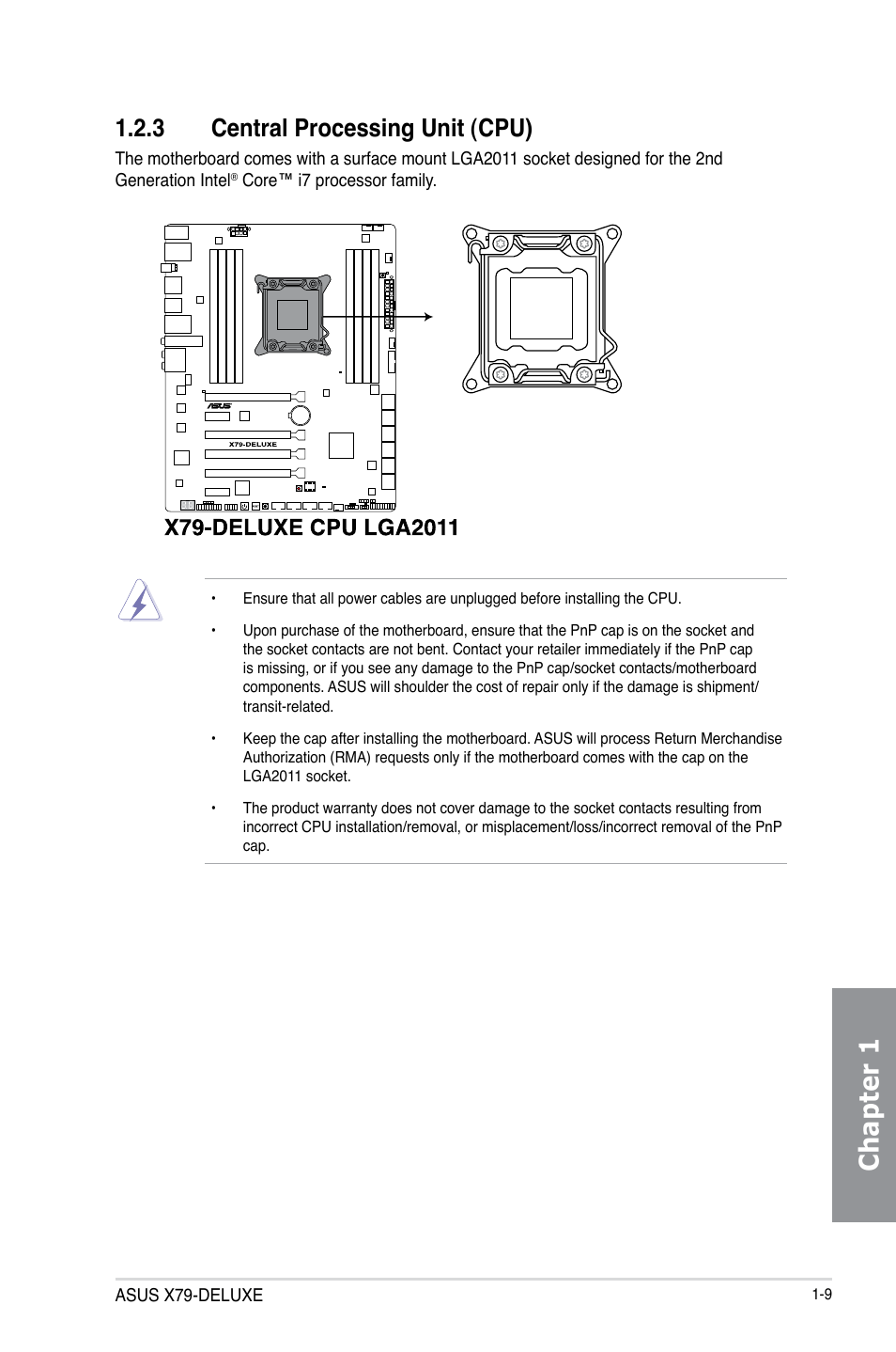 3 central processing unit (cpu), Central processing unit (cpu) -9, Chapter 1 | Asus X79-DELUXE User Manual | Page 23 / 194