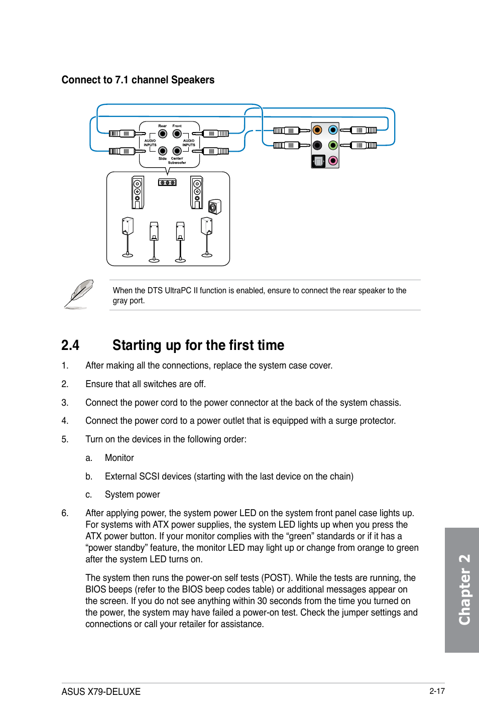 4 starting up for the first time, Starting up for the first time -17, Chapter 2 | Asus X79-DELUXE User Manual | Page 77 / 194