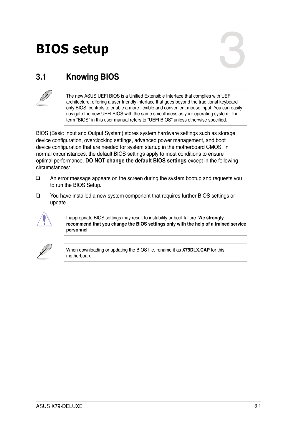 Chapter 3: bios setup, 1 knowing bios, Chapter 3 | Bios setup, Knowing bios -1 | Asus X79-DELUXE User Manual | Page 79 / 194