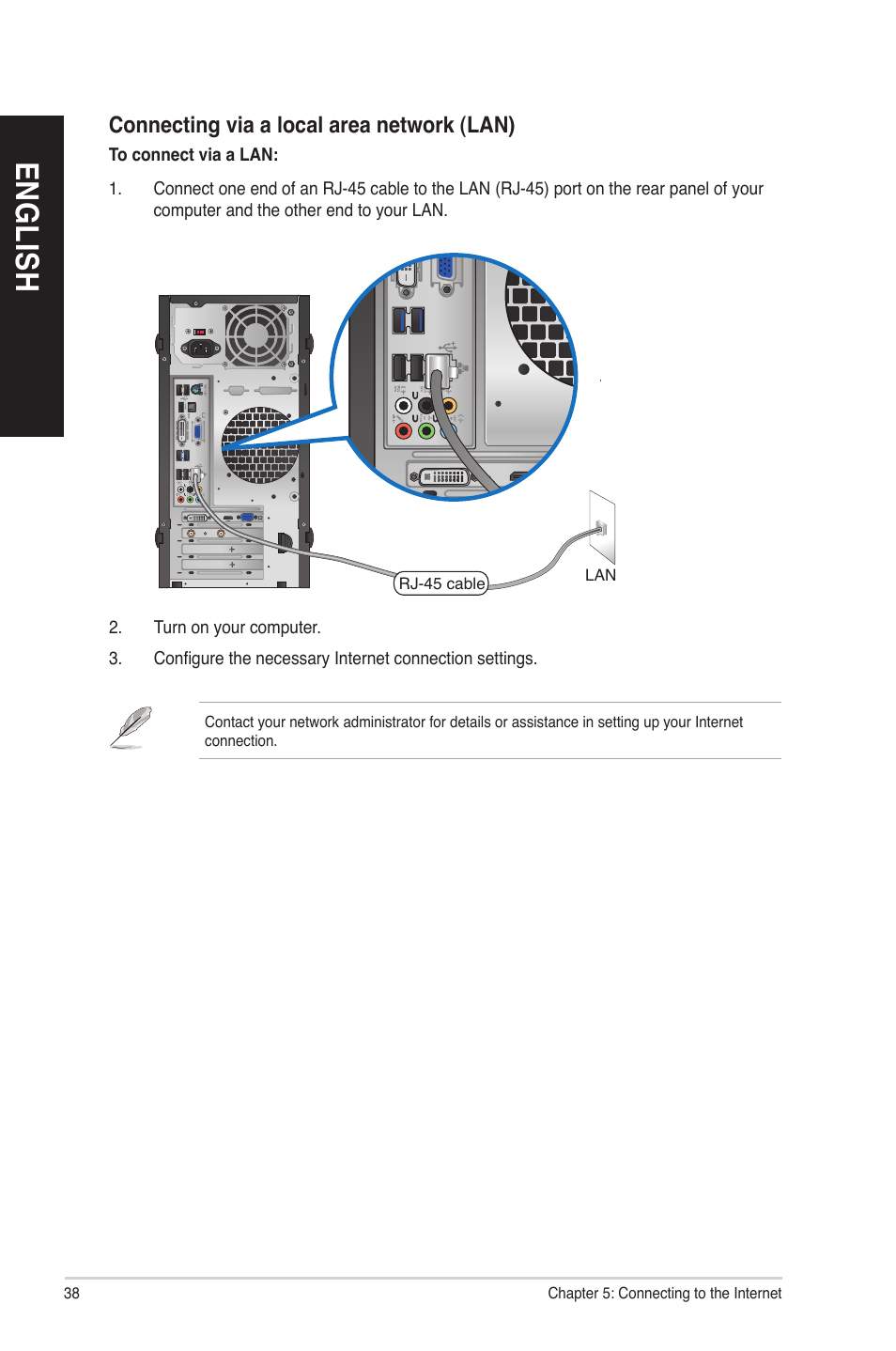 En g lis h en g li sh, Connecting via a local area network (lan) | Asus BM1845 User Manual | Page 38 / 64