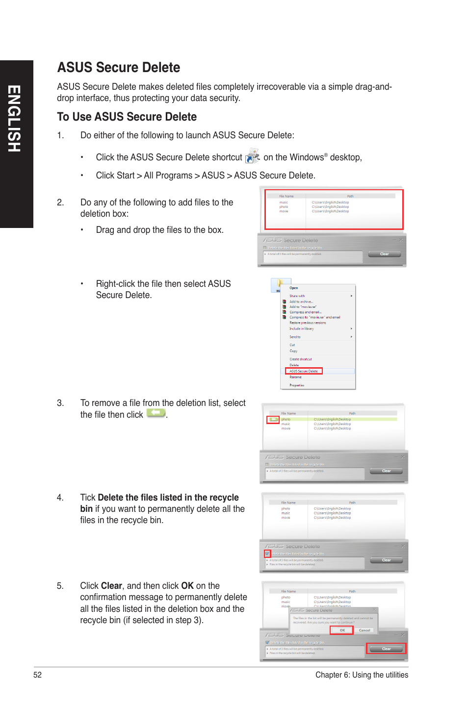 Asus secure delete, En g lis h en g li sh en g lis h en g li sh | Asus BM1845 User Manual | Page 52 / 64