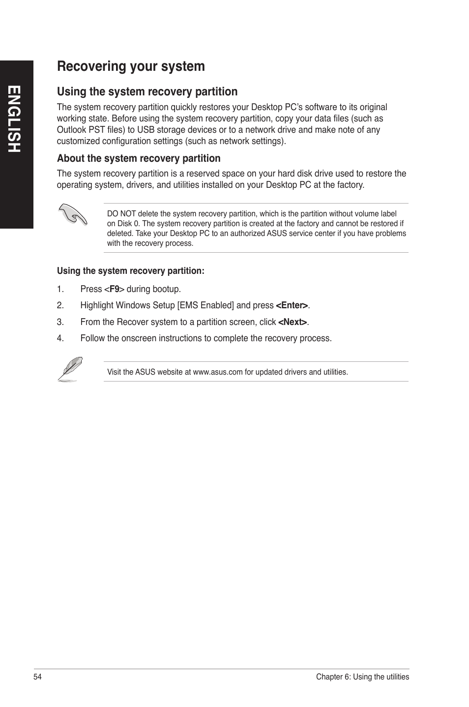 Recovering your system, En g lis h en g li sh en g lis h en g li sh | Asus BM1845 User Manual | Page 54 / 64